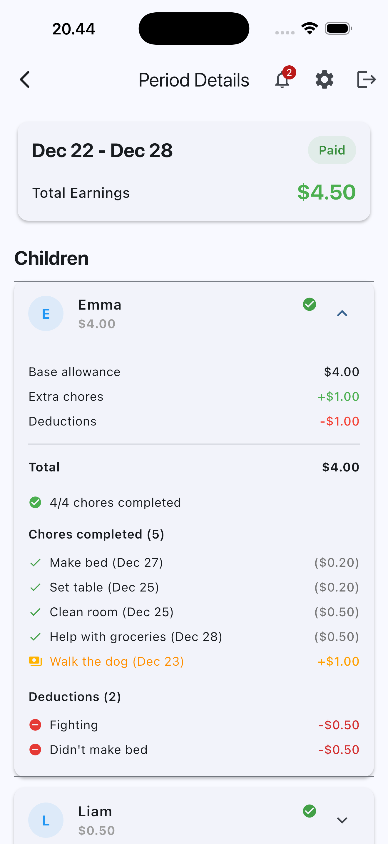 ChoreBucks Payment History - Complete allowance records