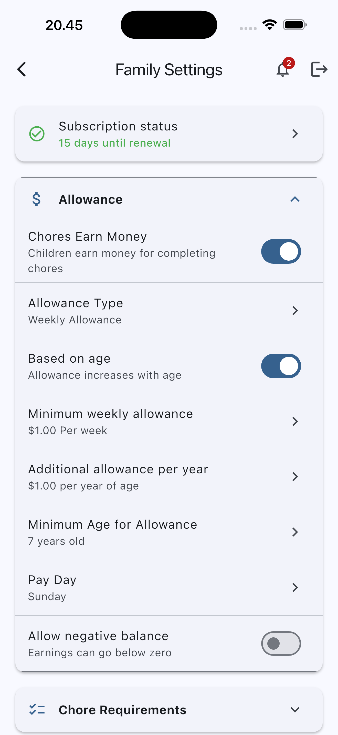 ChoreBucks Allowance Settings - Flexible configuration options