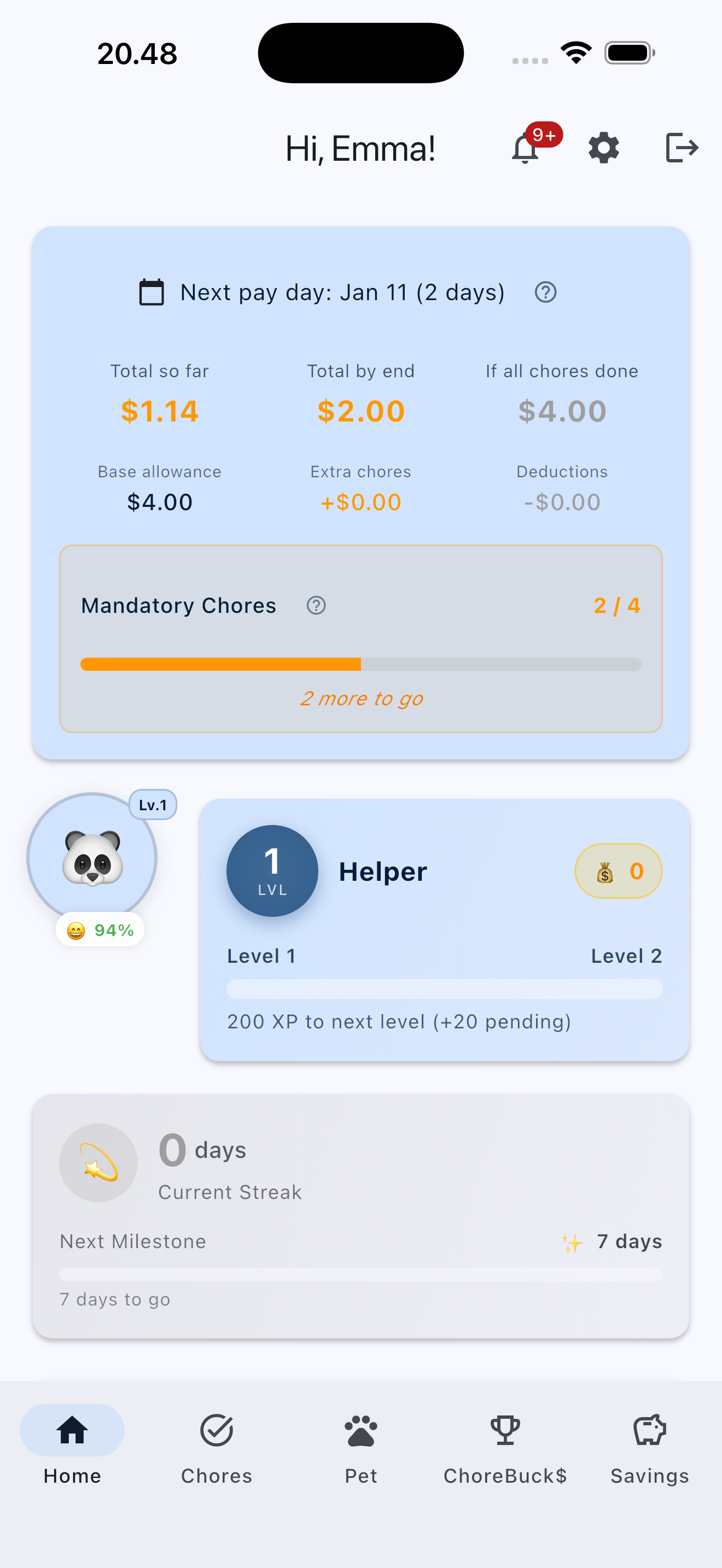 ChoreBucks Child Dashboard - Kids see earnings and countdown to payday