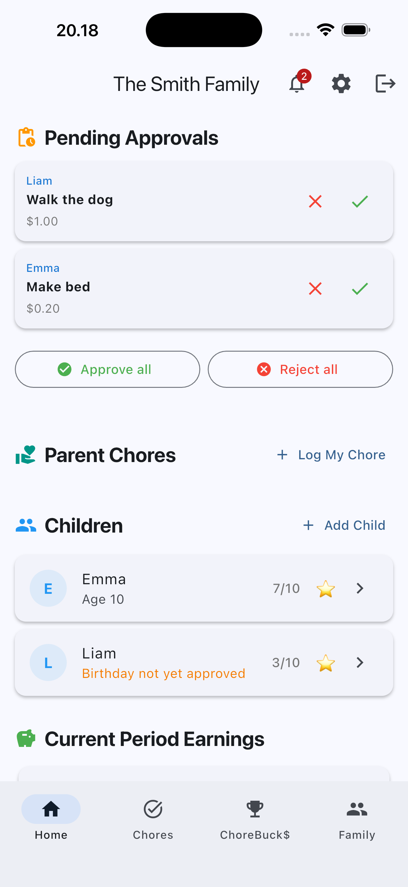 ChoreBucks Parent Dashboard - Family overview with all children's progress